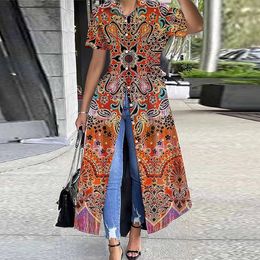 Exotic Vacation Printed Mid-length Shirt Dress Women Spring Lapel Button Split Party Dress Summer Short Sleeve Slim Maxi Dresses 240321