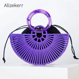 Vintage Half Round Bamboo Beach Handbag 2023 Summer Hollow Out Acrylic Handle Woven Straw Bags High Quality Holiday 240328