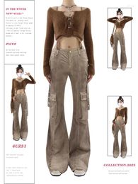 Women's Jeans Grey Gothic Flare Baggy Aesthetic Vintage Cowboy Pants Harajuku Denim Trousers Y2k Emo 2000s Trashy Clothes 2024