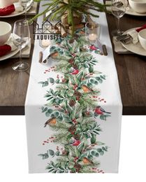 Christmas Eucalyptus Fir Tree Robin Home Decor Table Runner Wedding Decoration Tablecloth Kitchen Runners 240322