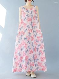 Casual Dresses 2024 Summer Cotton Sleeveless Vintage Print For Women Loose Long Boho Dress Femme Robe Vestidos Fashion Clothing