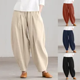 Women's Pants Cotton Linen Harem Women Casual Solid Color Oversized Baggy Elastic Wide Leg Jogger Waist Trousers