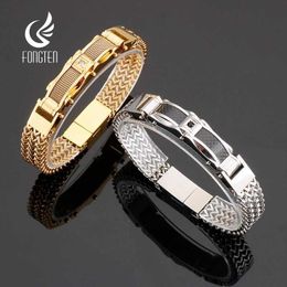 Chain Fongten Mesh Chain Bracelet Mens Stainless Steel Magnetic Buckle Mens Bracelet Gold Silver Rhineston Cuff Jewelry Q240401