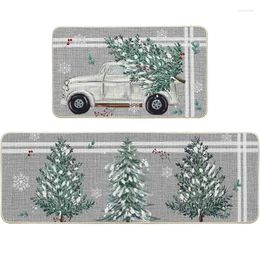 Bath Mats Christmas Kitchen Rugs Non-Skid Anti-Fatigue Floor White Truck Pine Tree Runners