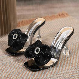 Dress Shoes PVC Transparent Slippers For Woman Colour Rhinestone Buckle Bowknot High Heels Female les Slides Summer Sandals Shoes H240401
