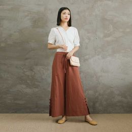 Custom Clothing Manufacturers Wholesale Pants Womens Loose Cotton and Linen Wide-leg Trousers in Solid Colour
