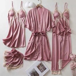 Sexy Pyjamas 5PCS Pajamas Set Sexy Pink Lace Trim Wedding Robe Nightgown Set Spring Summer Women Sleepwear Bathrobe Gown Loose Satin Homewear 240330