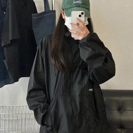 Women's Jackets Deeptown Black Jacket Women Windbreaker Vintage Anorak Harajuku Oversize Zipper Hooded Korean Fashion Thin Coat