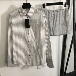 Striped Shirts Tops Shorts Casual Suits Women Cotton Blouse Elastic Waist Short Pants Long Sleeve T Shirt Tees Two Piece