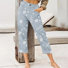 Women's Pants Print Women Outfits Female Sweatpants Back Elastic Waist Linen Cropped Casual Baggy Straight Leg Trouser