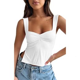 Womens Slim Fitted Basic Y2K Tank Tops Tee T Shirt Solid Colour Pleated Sleeveless Vest Casual Strappy Sexy Vintage Trendy 240401