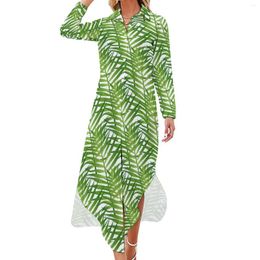 Casual Dresses Green Plant Dress Leaves Fronds Stylish Long Sleeve Beach Woman V Neck Design Oversized Chiffon