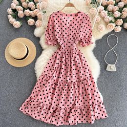 Party Dresses Summer Women V-Neck Short Sleeve Slim Long Dress Sweet Dots Print Big Hem Vacation