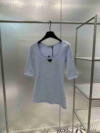 Women's T-Shirt designer 2024 Summer New Contrasting Stripe Triangle Mark U Neck Short Sleeve T-shirt Top SJ8N