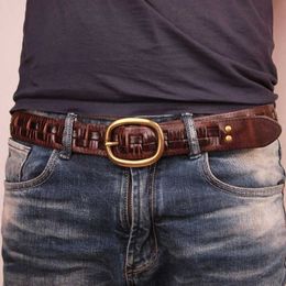 Belts Retro luxury handmade leather woven copper buckle mens denim belt retro fully matched casual denim soft belt Q240401