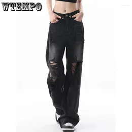 Women's Jeans Women Y2K Vintage Black Ripped Oversized Distressed Washed Loose Straight Leg Pant American Street Girl Wide Pants