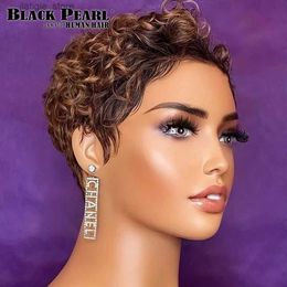 Synthetic Wigs Pixie Cut Highlight Kinky Curly Short Bob Wigs Human Hair For Black Women With Bangs Glueless Blonde Highlight Wig Afro Wig Y240401