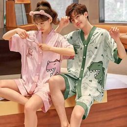 QHIP Sexy Pyjamas Silk Home Sets Cat Loose Men Pijama Women Suit Couple Sleepwear Pajama Korean Pyjama Anime Adult V-neck Clothes 2404101