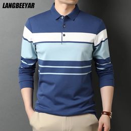 Top Quality Fashion Designer Brand Striped Plain Mens Long Sleeve Polo Shirt Casual Turn Down Collar Tops Clothing 240321