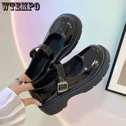 Pumps Black Sweet Glossy Mary Jane Women's Leather Shoes Round Toe Thick Sole Strap Shallow Korean Fashion Lolita Cos Shoes