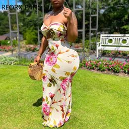 Casual Dresses Women Solid Strapless Off Shoulder All Over Print With Floral Pattern Hollow Out Sleeveless Sexy Vacation Maxi Dress