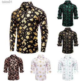 Men's Plus Tees Polos Hi-Tie Christmas Silk Men Shirt Black Gold Spring Autumn Long Sleeve Lapel Slim Fit Blouse for Male Wedding Business Party yq240401