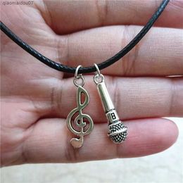 Pendant Necklaces Music note charm necklace black leather necklace microphone pendant music lover pendant necklaceL2404