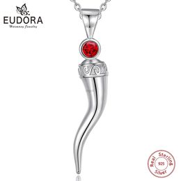 Pendant Necklaces Eudora 925 Sterling Silver Italian Horn Pendant for Women Men Red CZ Good Luck Friendship Dreams Amulet Necklace Fine Jewellery 240330