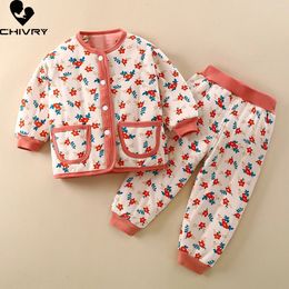 Autumn Winter Kids Cottonpadded Clothing Sets Boys Girls Cartoon Floral Thicken Warm Coat with Pants Baby Pyjamas Sleepwear 240323