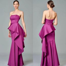 Elegant Long Strapless Purple Mother of the Bride Dresses Mermaid Satin Ruffled Floor Length Godmother Dresses Formal Party Gown Women Dresses