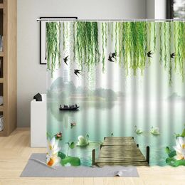Shower Curtains Natural Scenery Swan Koi Curtain Green Tree Plant Lake River Landscape Bath Decor Polyester Cloth Set With Hooks