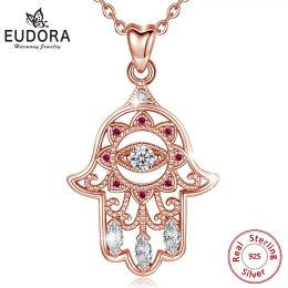 Pendants EUDORA 925 Sterling Silver Rose gold Colour Evil Eye Hamsa Hand Pendant Necklace Women Fine Jewellery for Birthday Party GiftCYD335