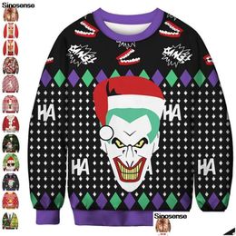 Mens Hoodies Sweatshirts Men Women Ugly Christmas Sweater 3D Funny Clown Printed Autumn Holiday Party Xmas Sweatshirt Plover Jumpers T Dhiyc