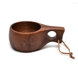 Cups Saucers Finland Kuksa Portable Coffee Mug Acacia-Wood Handle Cowhide Rope Hook Juice Milk Cup Drinking Drinkware 2024