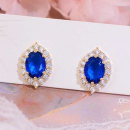 Stud Earrings Design 14K Gold Plated Royal Blue Oval Crystal For Women Girl Jewellery S925 Silver Needle Zirconia