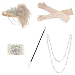 Party Supplies 5PCS Flapper Girl Dress Champagne Color Set Gatsby Halloween Props Gloves Smoke Rod Necklace Headband Feather Top Bracelet