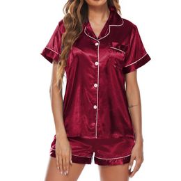 Sexy Pyjamas Summer Women Pajamas Silk Satin Pyjama Sets Shirt Short Sleeve Two Piece Sleepwear Top Solid Pyjamas Set Homewear Nightwear 2404101