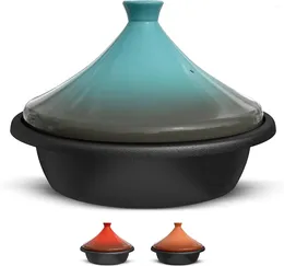 Bowls Moroccan Tagine Enamelled Cast Iron Cooking Pot Tajine With Ceramic Cone-Shaped Closed Lid 3.3 QT (Stone Blue)