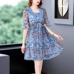 Party Dresses Women Blue Embroidery Natural Silk O-Neck Midi Dress Summer Fashion Light Elegant Casual Korean Bodycon