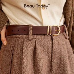 Belts BeauToday Belt Womens Cowhide Horseshoe Button Sewing Retro Designer Jeans Dress Handmade 91005 Q240402