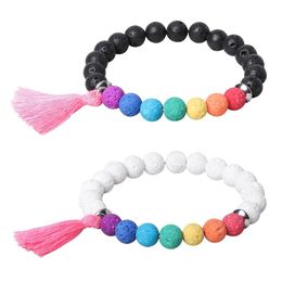 Beaded 8Mm Colorf Per Volcanic Stone Aromatherapy Essential Oil Bracelet Stainless Steel With Tassel Fashion Drop Delivery Otiwa