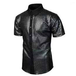 Men's Dress Shirts Men Retro Disco Shirt Slim Fit Performance With Turn-down Collar For Nightclub Festivals Glossy Surface Contrast