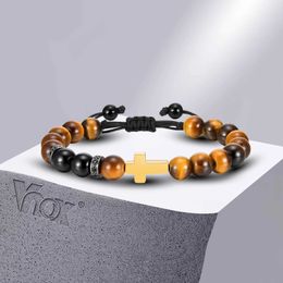 Chain Vnox 8mm Tiger Eye Stone Beaded Bracelets for Men Boys Gold Plated Cross Charm Wristband Faith Prayer Jewellery Q240401