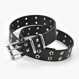 Belts Fashionable mens punk style chain with adjustable hollow star double layer buckle metal buckle leather jeans belt Q240401