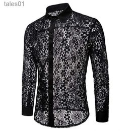 Men's Plus Tees Polos Luxury Floral Embroidery Lace Shirt Men Brand New Transparent Sexy Dress Shirts Mens See Trough Club Party Black Male yq240401