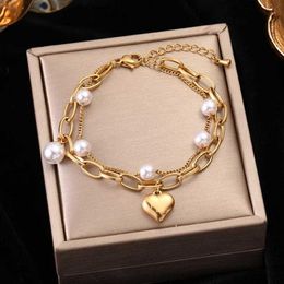 Chain EILIECK 316L Stainless Steel Multi layered 2-in-1 Pearl Heart Charm Bracelet for Women Fashion Girls Luxury Watch Jewellery Party Gift Q240401
