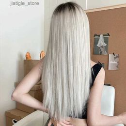 Synthetic Wigs NAMM Silver Grey Women Wig for Women Daily Party Long Straight Wigs Synthetic Wigs with Fluffy Bangs Heat Resistant Y240403