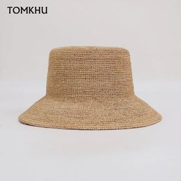 Summer Handmade Raffia Straw Wide Brim Bucket Hats Women Fashion Casual Sun Hat Foldable Flat Top Straw Hats Vacation Beach Hat 240325