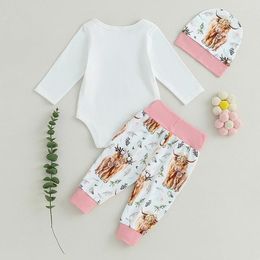 Clothing Sets Born Baby Boy Girl Clothes Highland Cow Print Romper Bodysuit Pants With Hat 3Pcs Western Coming Home Outfits