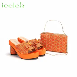 Dress Shoes Orange Est Italian With Matching Bags Set Decorated Rhinestone Women Summer Round Heels Slippers For Wedding Party